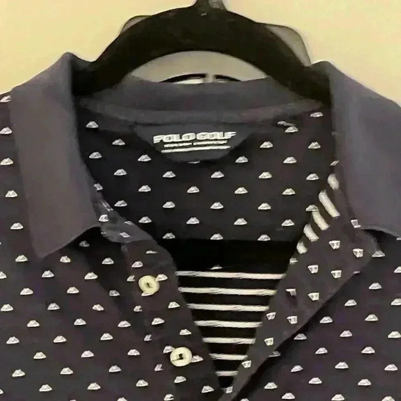 Polo Golf Ralph Lauren Men’s Medium Navy Blue Triangle Design Shirt - Picture 2 of 7